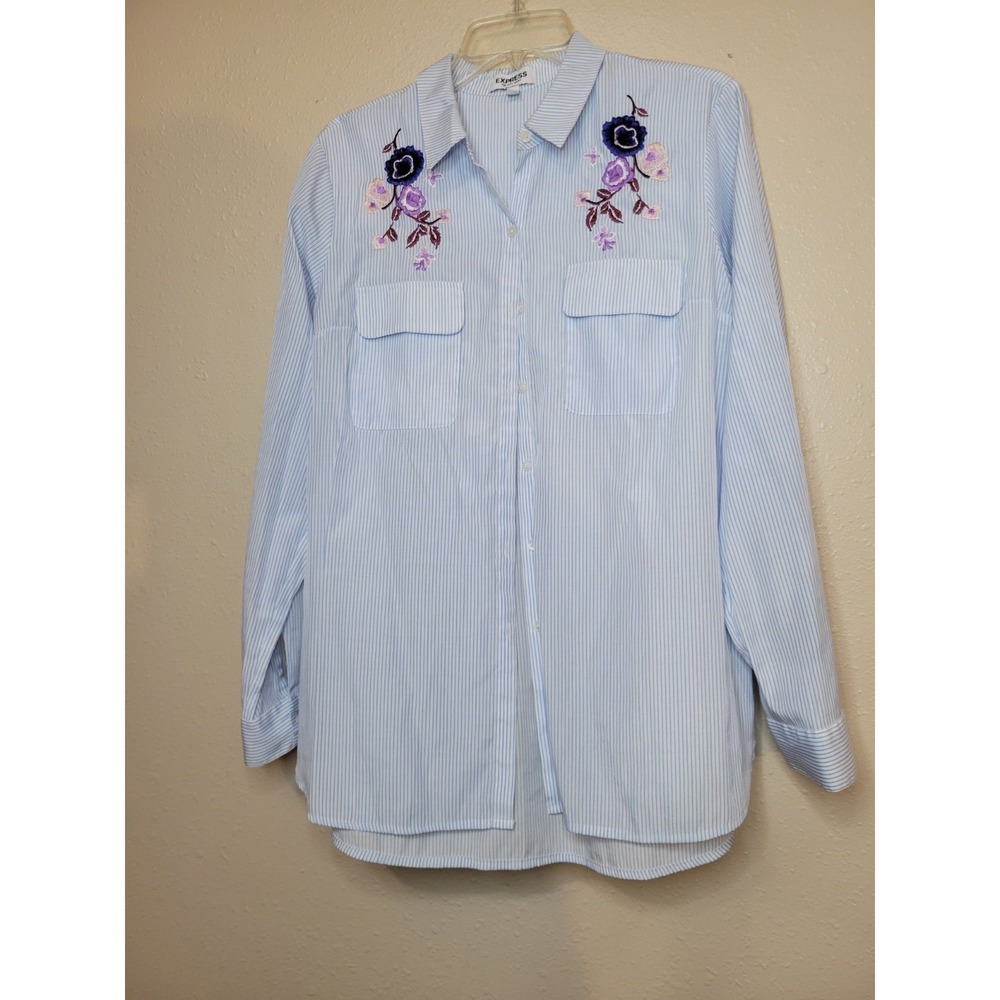 Express Women's White Blue Stripe Embroidered Floral Button The City Shirt Sz L